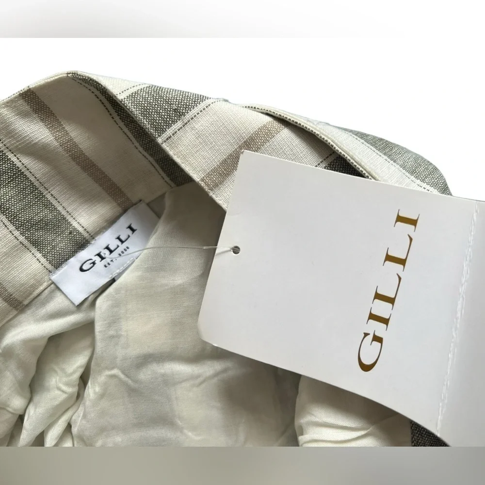NWT Gilli Striped Paperbag Shorts S‎ Olive Green Linen Blend Belted High Rise